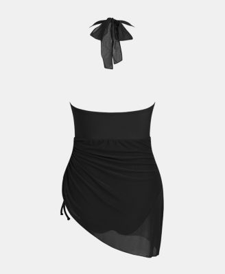 Women's U-Wire Neck Halter Drawstring Mesh One Piece Swim Dress