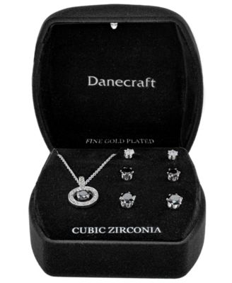 Silver-Tone Cubic Zirconia Round Pendant Necklace and 3 of Pair Stud Earrings Set