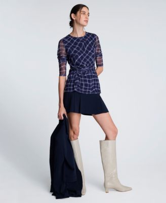 Women's Knotted Waist Plaid Long-Sleeve Top