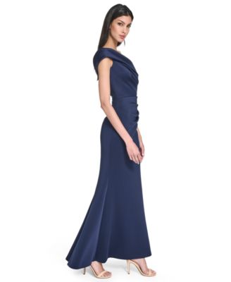 Women's Asymmetric-Neck Side-Pleat Scuba Gown