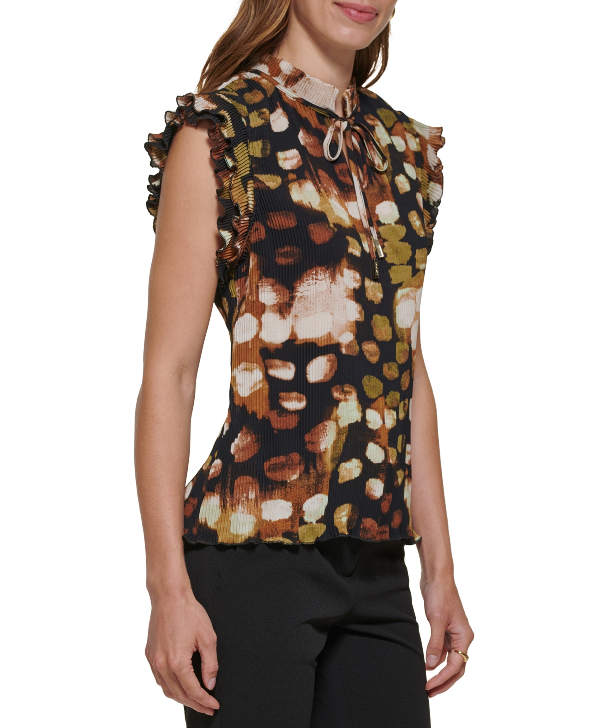 Dkny Petite Short-sleeve Ruffled Blouse Top In Multi