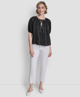 Women's Puff-Sleeve Top Stitch Tie Front Blouse