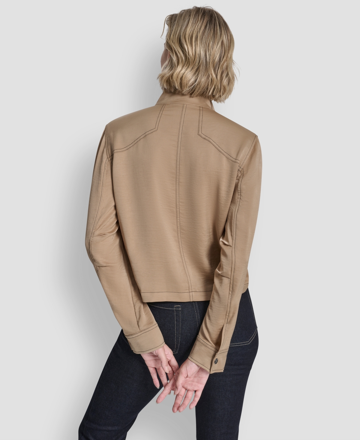 Dkny Women's Top Stitch Glazed High Mock Neck Dressing Jacket In Brown