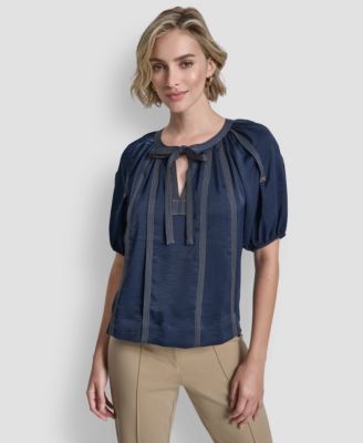 Women's Puff-Sleeve Top Stitch Tie-Front Blouse