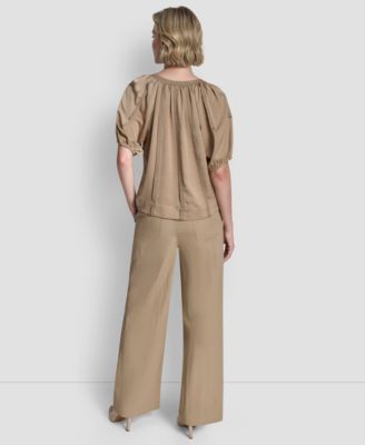 Women's Puff-Sleeve Top Stitch Tie Front Blouse