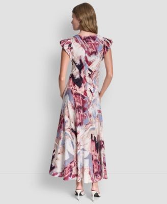 Women's Puff-Sleeve Printed Satin Bias Cut Dress