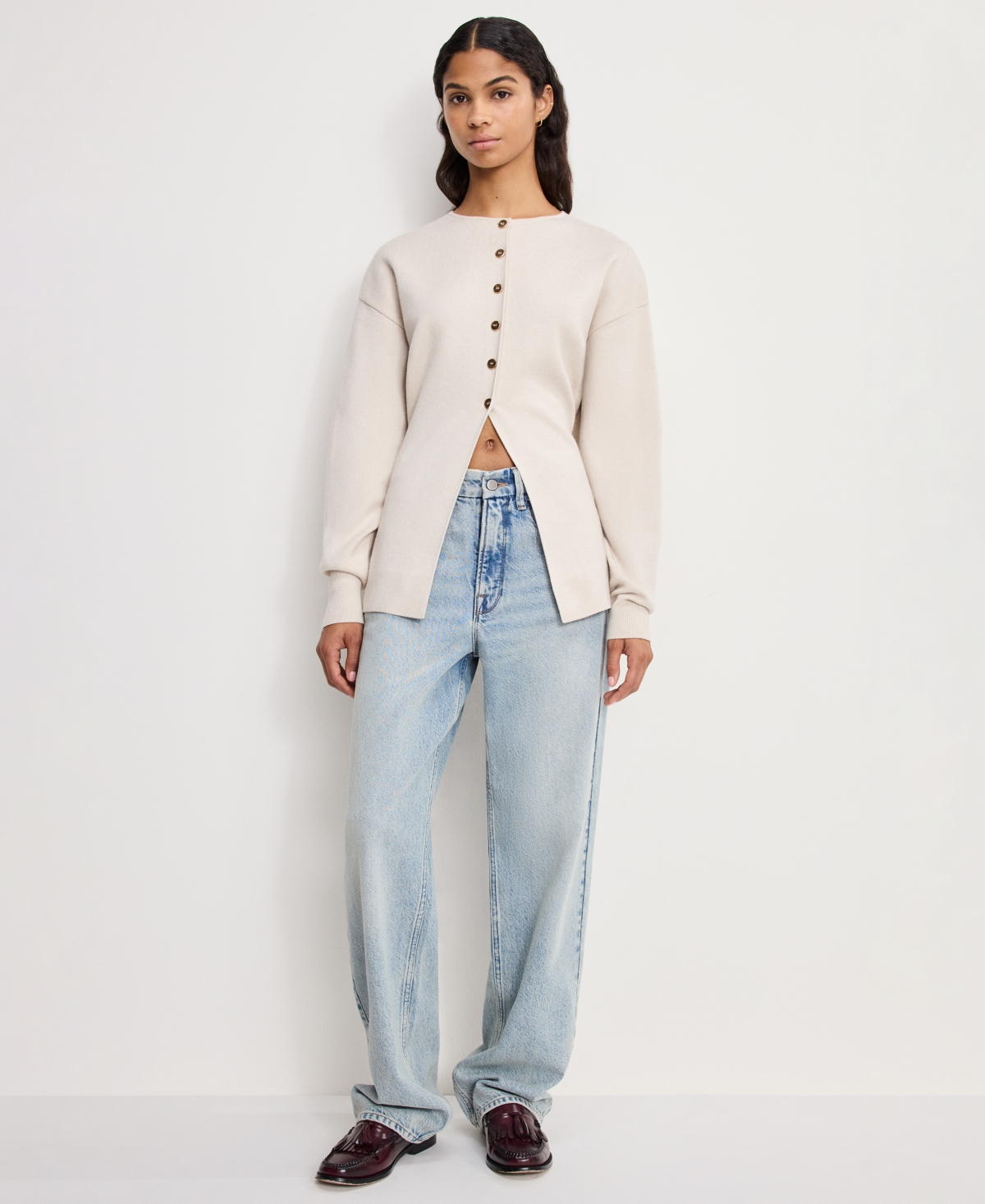 Good American Split Front Button Up Sweater In Neutral