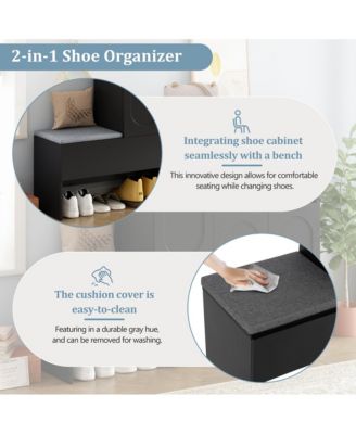 Shoe Storage Bench with Cushion Seat, Doors, and Shelves