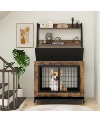 Dog Crate Furniture w/ Storage Shelves Industrial Dog Kennel w/ Flip-up Top