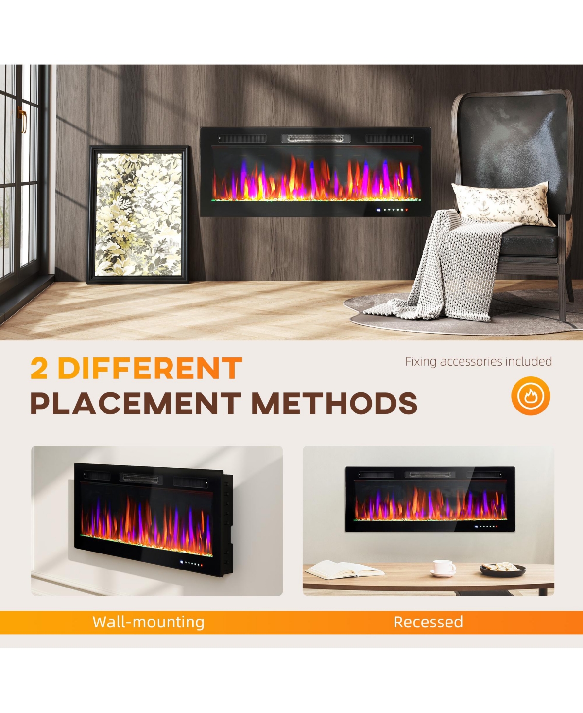 Homcom 1500W Ultra-thin Electric Fireplace Recessed, Mounted, 50"