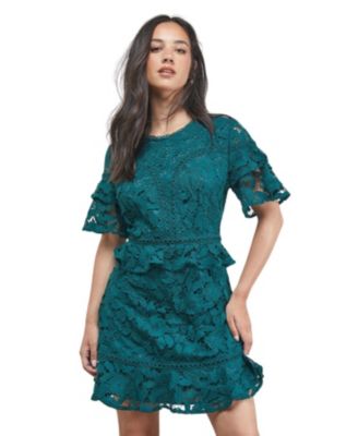 Women's Lace Trim Detail Frill Sleeve Mini Dress