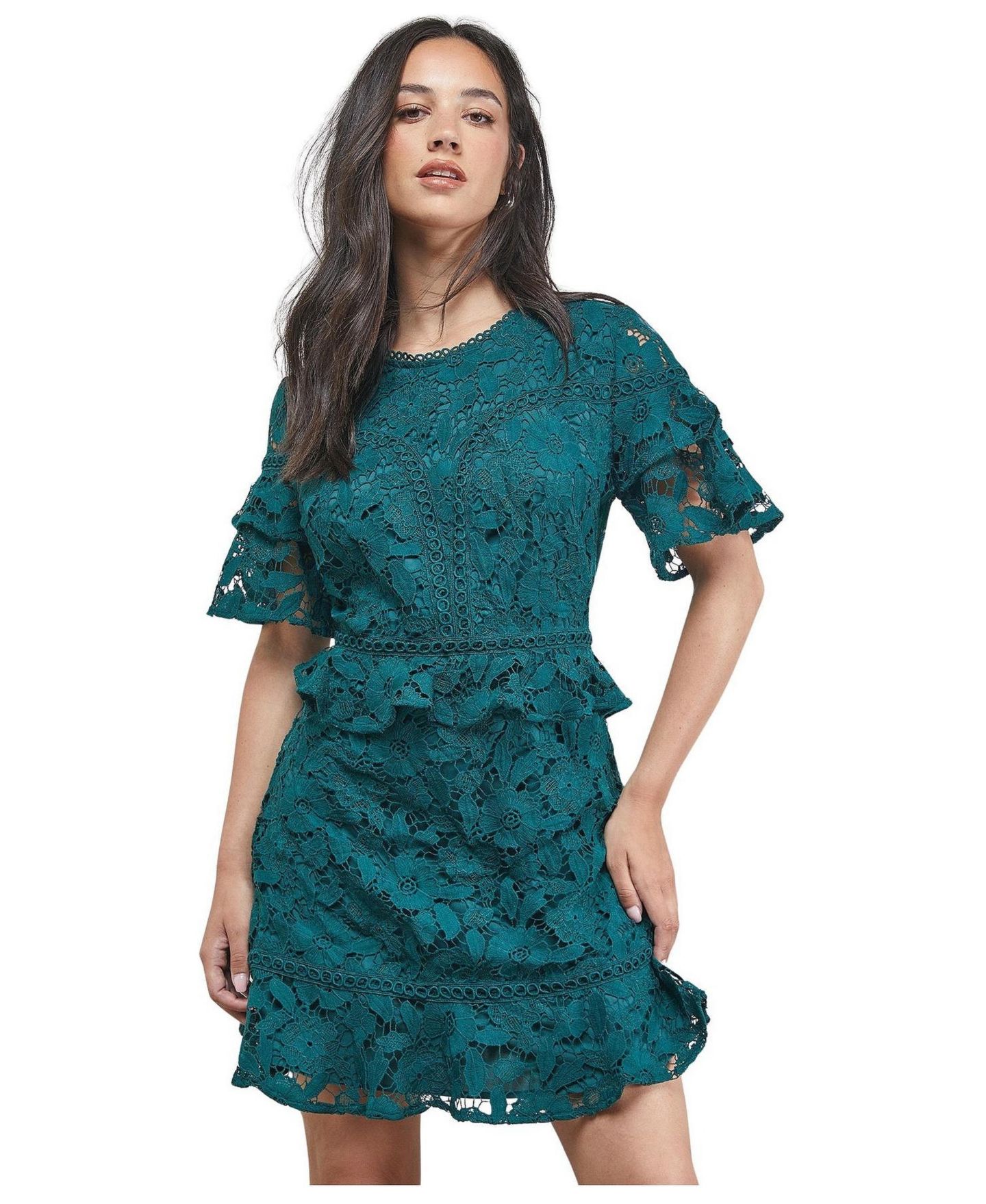 Женское платье Oasis Lace Trim Detail Frill Sleeve Mini, цвет: Зелёный — фото 1