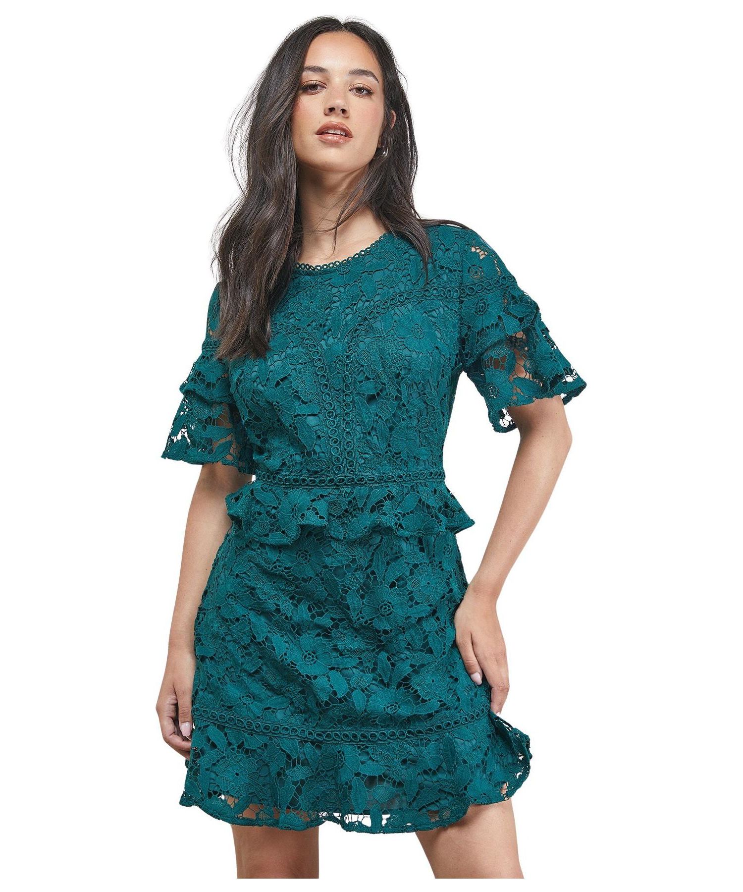 Women's Lace Trim Detail Frill Sleeve Mini Dress