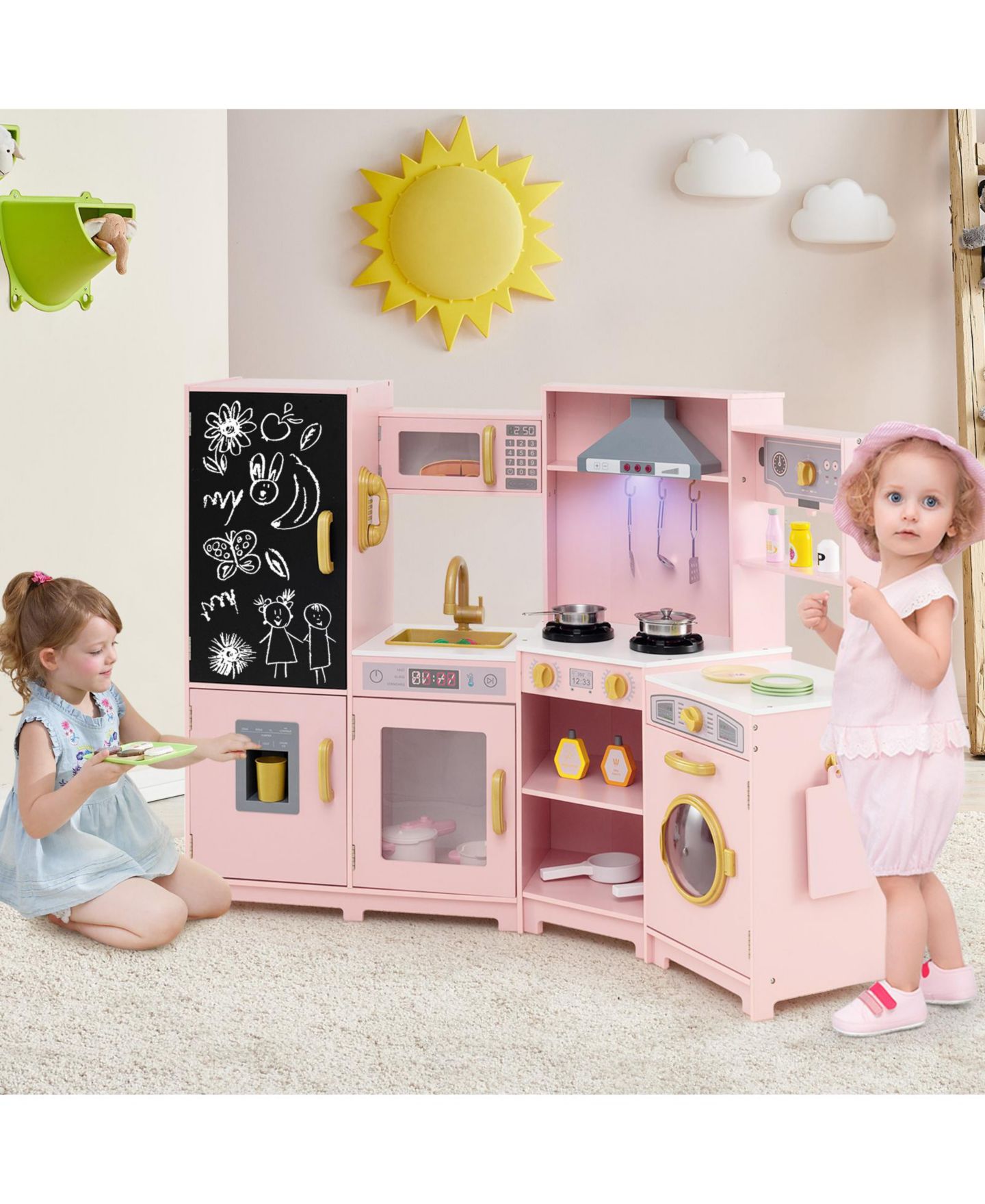Детская игрушка Gymax Corner Kids Play Kitchen Wooden Pretend Toy Kitchen with Realistic Lights, цвет: Розовый — фото 2