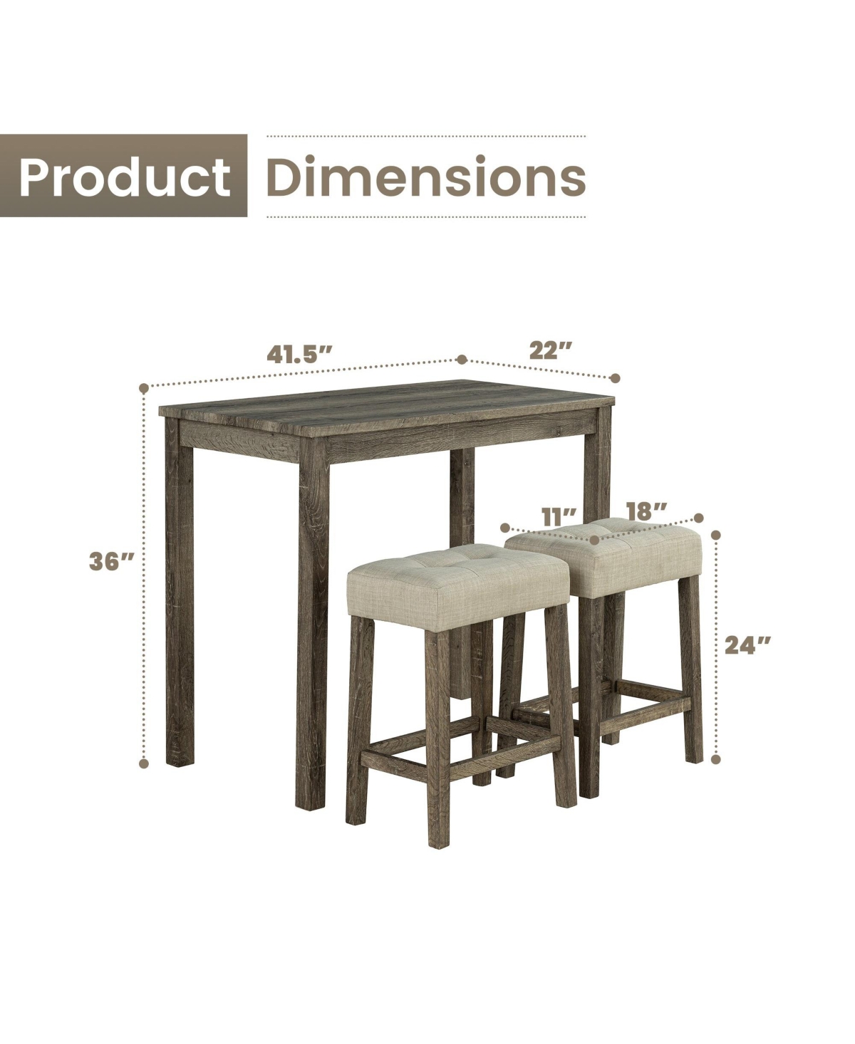 Clihome 3-Piece Brown Wood Counter-Height Dining Set with Tufted Fabric Stools for Small Spaces (Seats 2) Bar Sets