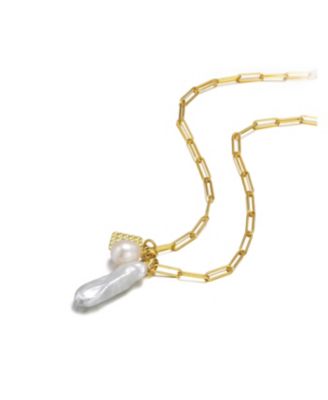 Sterling Silver 14K Gold Plated Genuine Freshwater Pearl and Cubic Zirconia Lobster Claw Link Necklace
