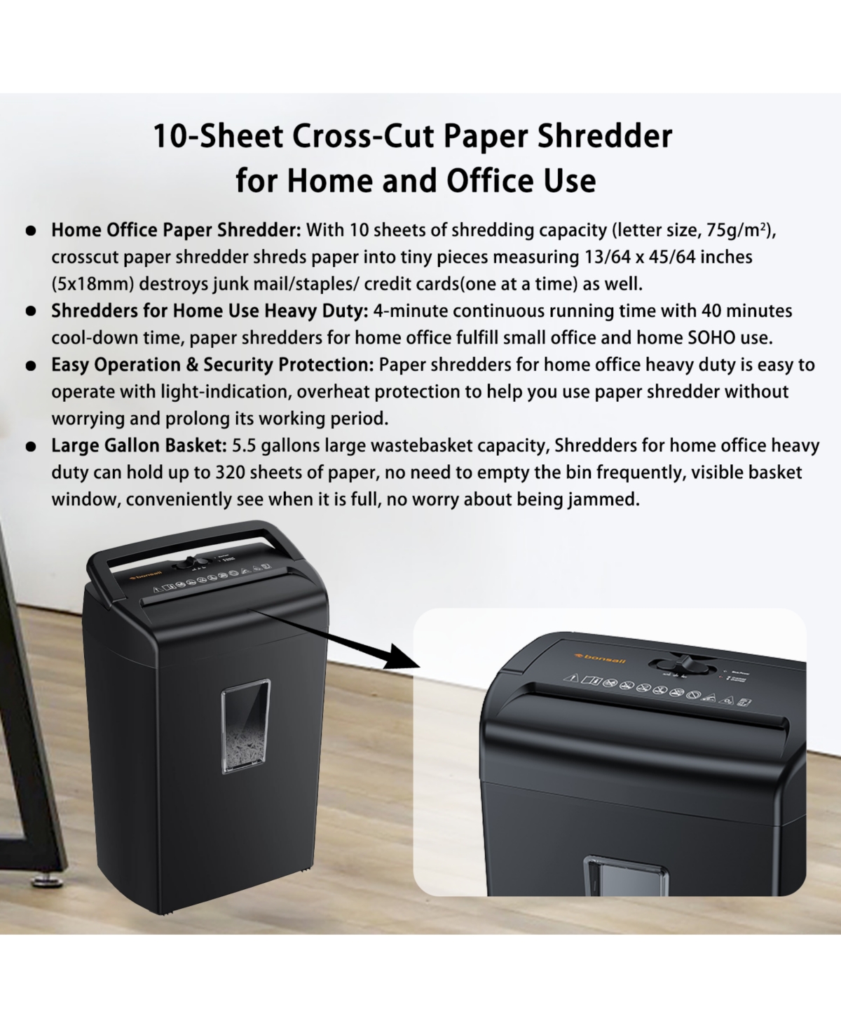 Bonsaii 10-Sheet Cross Cut Paper Shredder, 5.5 Gal Home Office Heavy Duty Shredder for Credit Card, Staple, Clip with Transparent Window