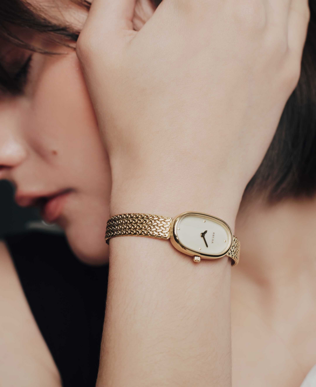 Breda Women's 'Jane Tethered' Gold Stainless Steel Mesh Watch, 18mm