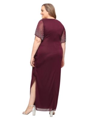Plus Size Embellished-Sleeve Draped Chiffon Gown