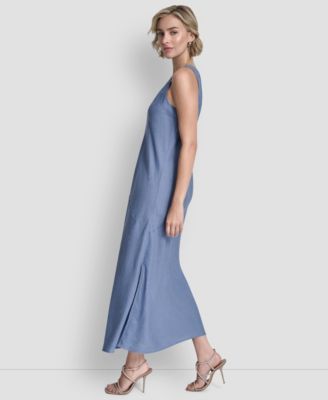 Women's Linen Panelled V-Neck Midi Dress