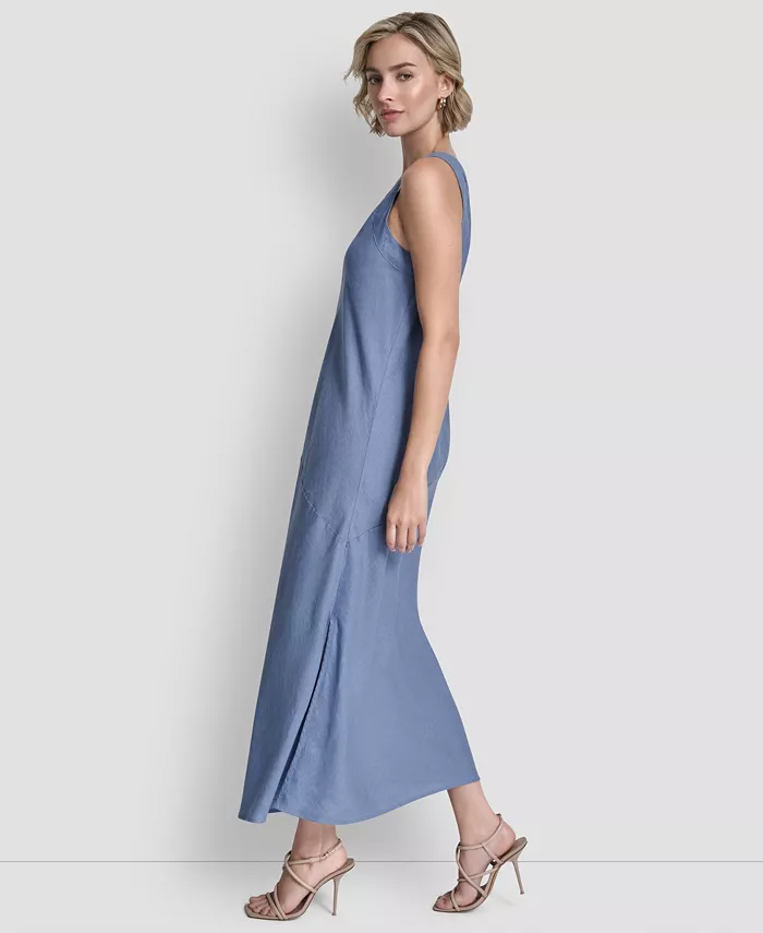 Women's Linen Panelled V-Neck Midi Dress - thumbnail 8