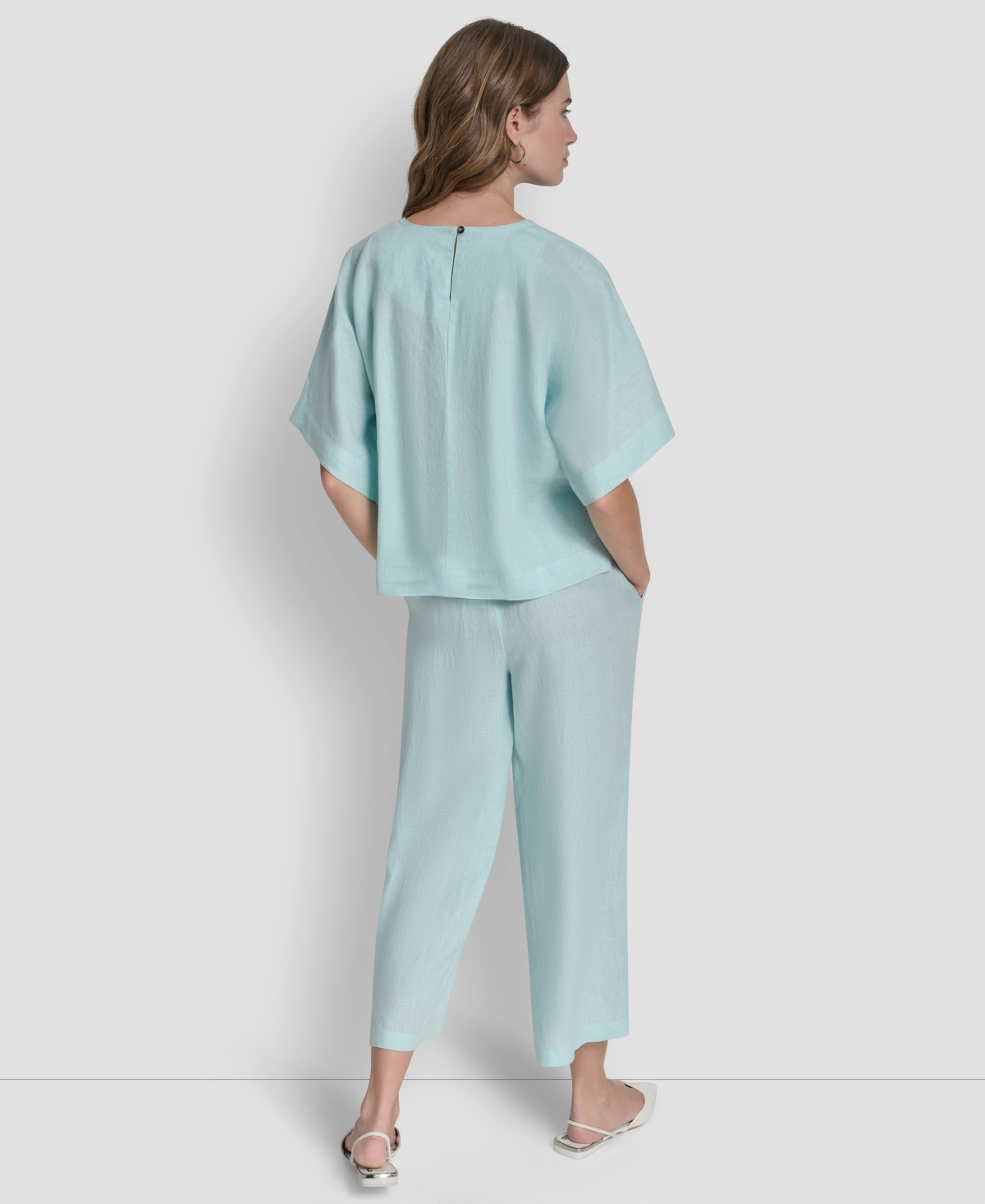 Dkny Linen Drop Shoulder Short Sleeve Top In Blue