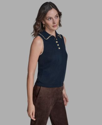 Women's Cotton Tipped Collared Sleeveless Knit Top