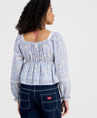 Juniors' Long-Sleeve Woven Peasant Top