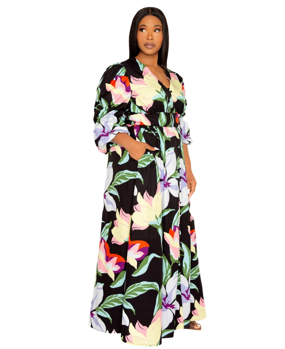 Buxom Couture Plus Floral Puff Sleeve Maxi Dress