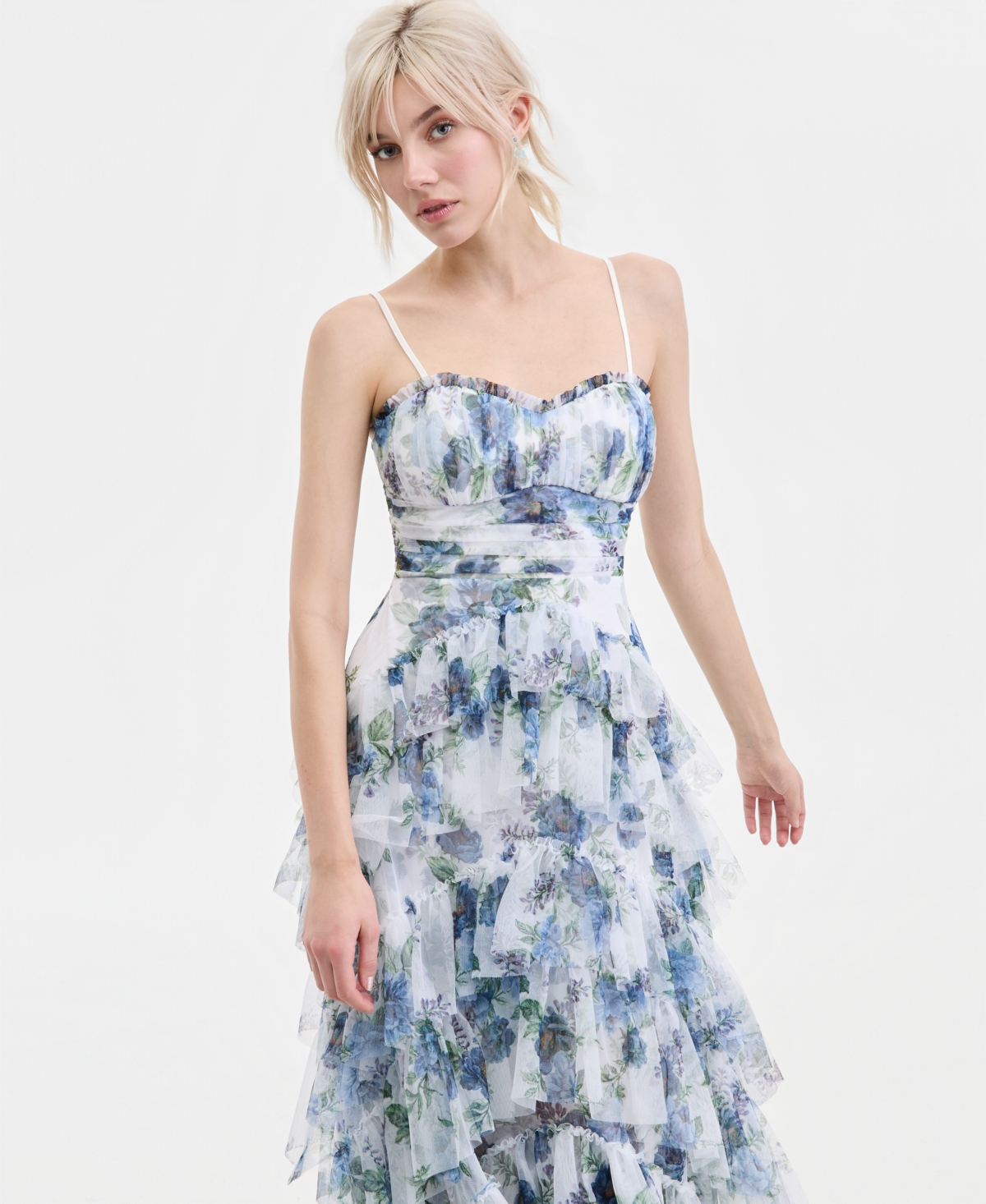 pear culture Juniors' Tiered Floral-Print Mesh Gown