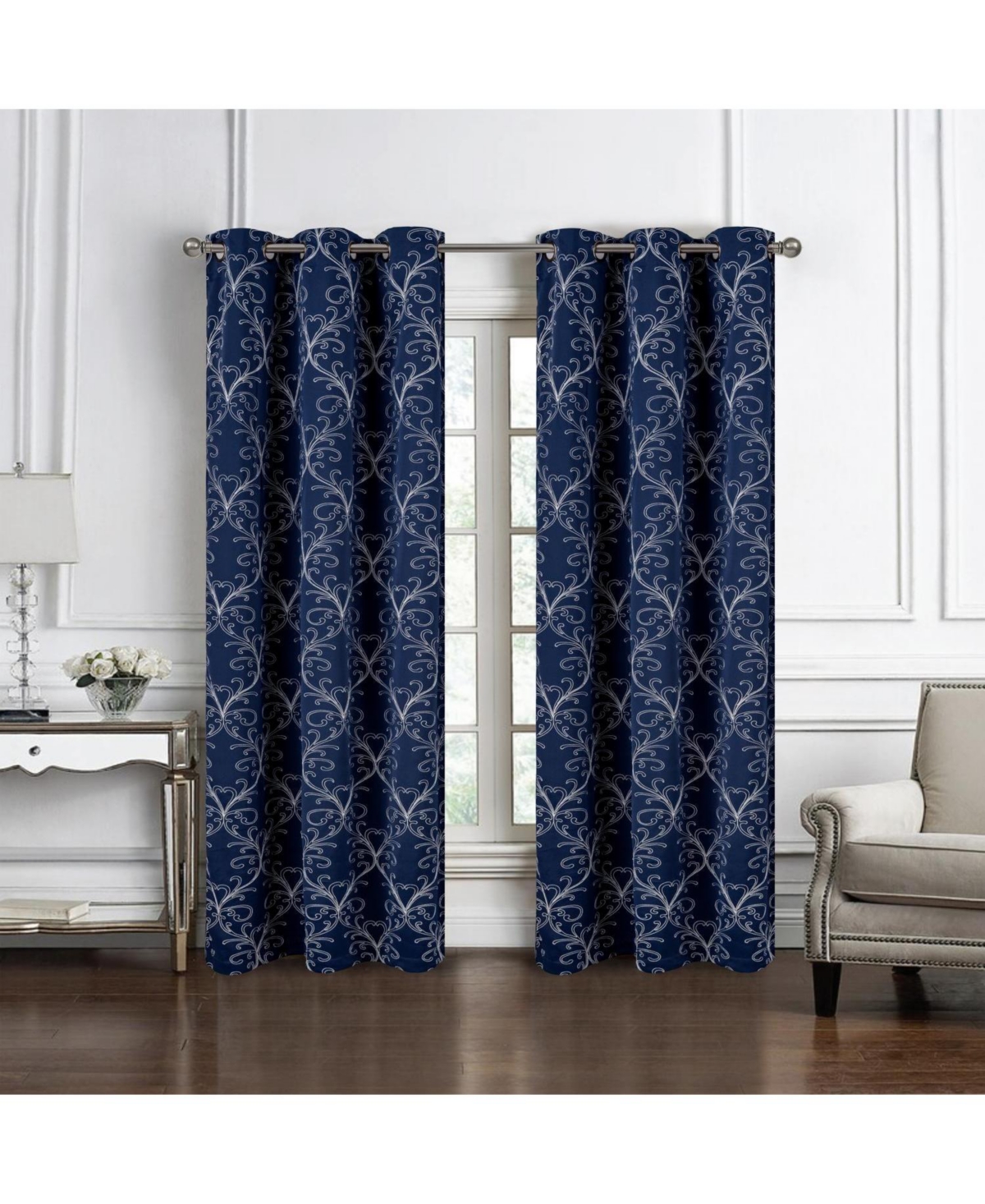 Rt Designer Collection Kimber Embroidered Blackout Luxurious Decorative Grommet Curtain Panel 54" x Navy