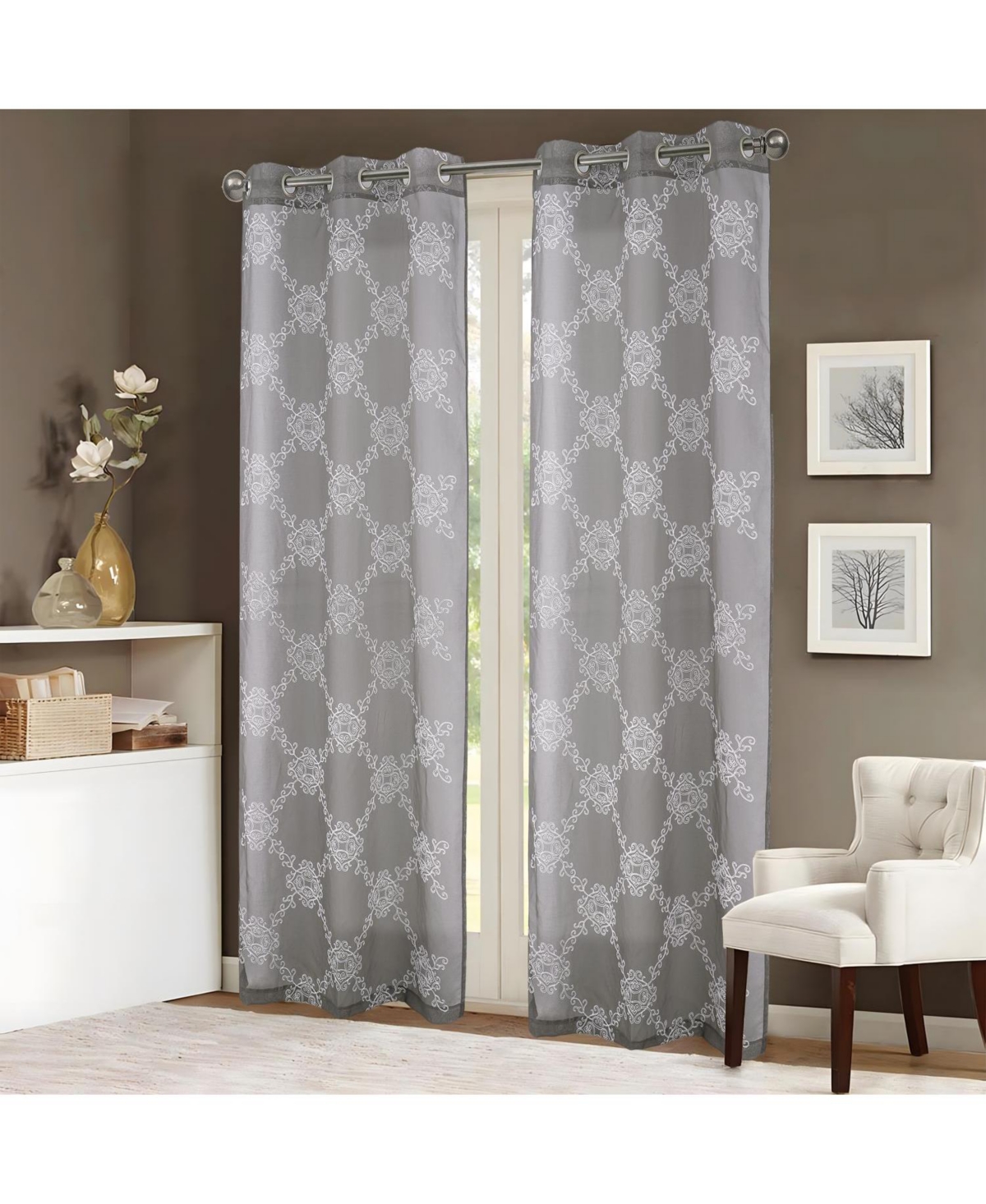 Rt Designer Collection Sheryl 2 Pack Embroidered Dorly Luxurious Decorative Grommet Curtain Panel 36" x 96" Grey