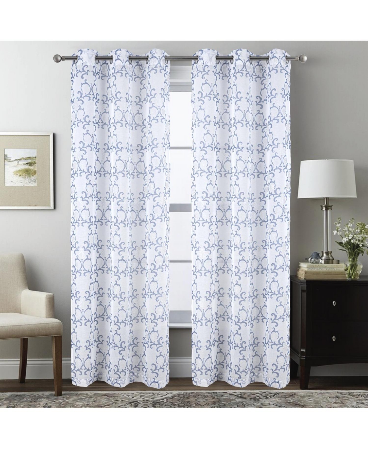 Rt Designers Collection Crown Grommet Sheer Metallic Printed Doily Curtain Panel 54" x 84" Blue