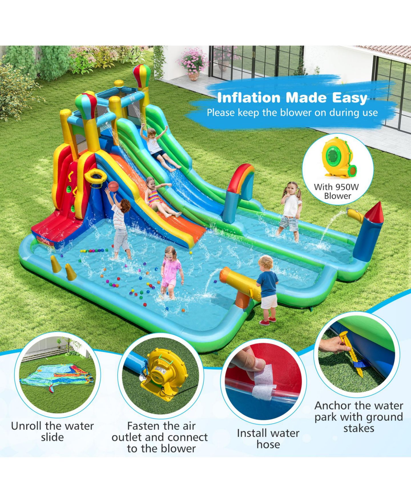 Детская игрушка SUGIFT Inflatable Water Slide Park Giant Bounce House with 950W Blower, цвет: Синий — фото 7