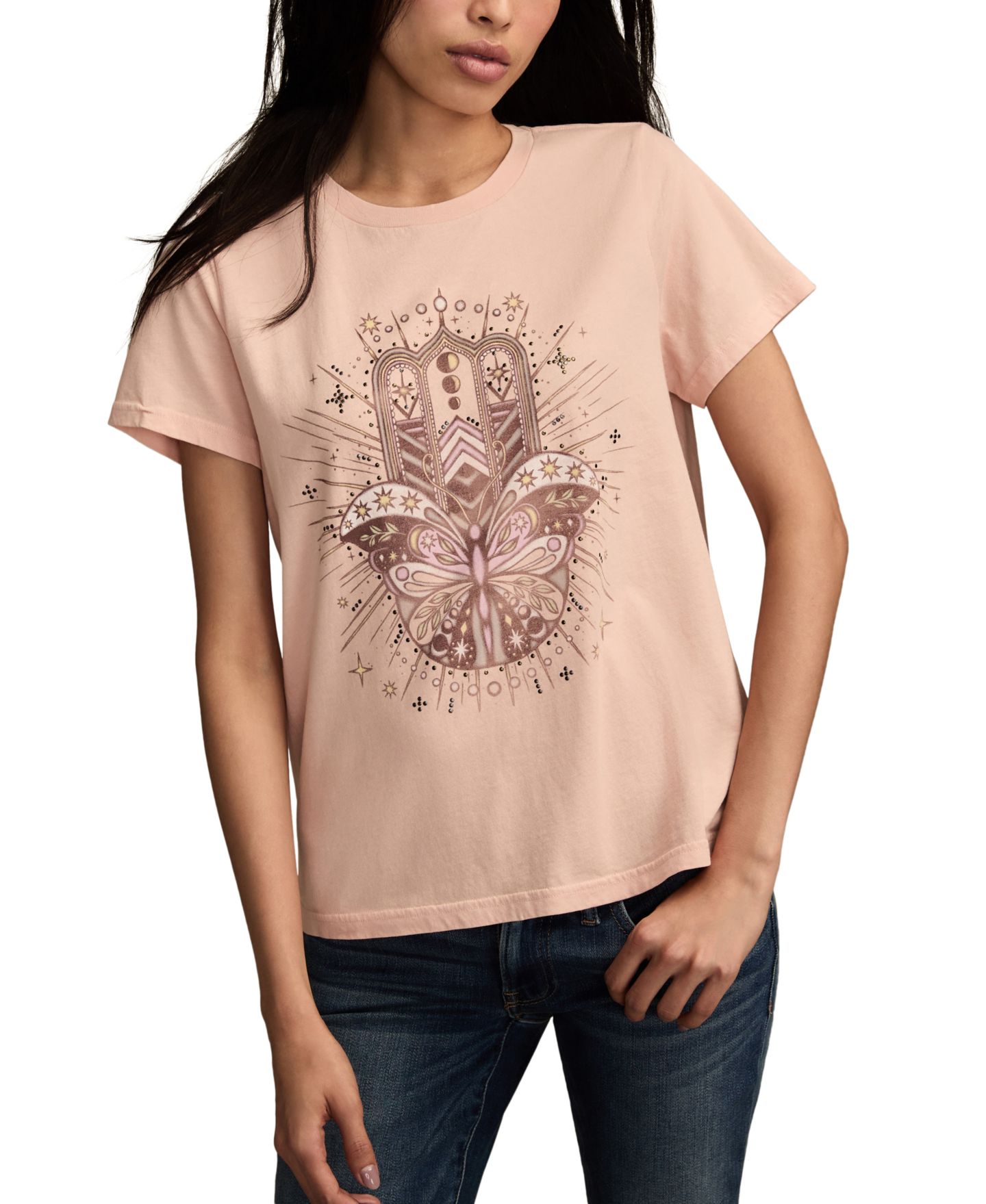 Женская футболка Lucky Brand Butterfly Hamsa Classic Crewneck, цвет: Песочный — фото 1