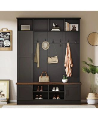 Versatile 3-in-1 Hall Tree with 6 Hooks Walnut Storage Bench 55" Entryway Coat Rack