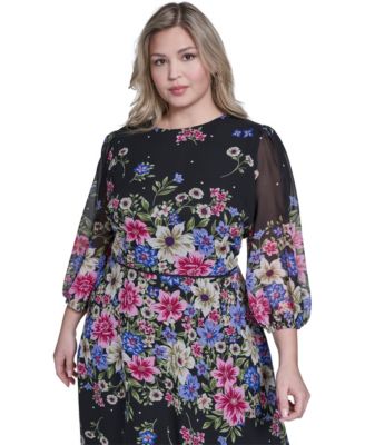 Plus Size Jewel Neck Balloon Sleeve Midi Dress