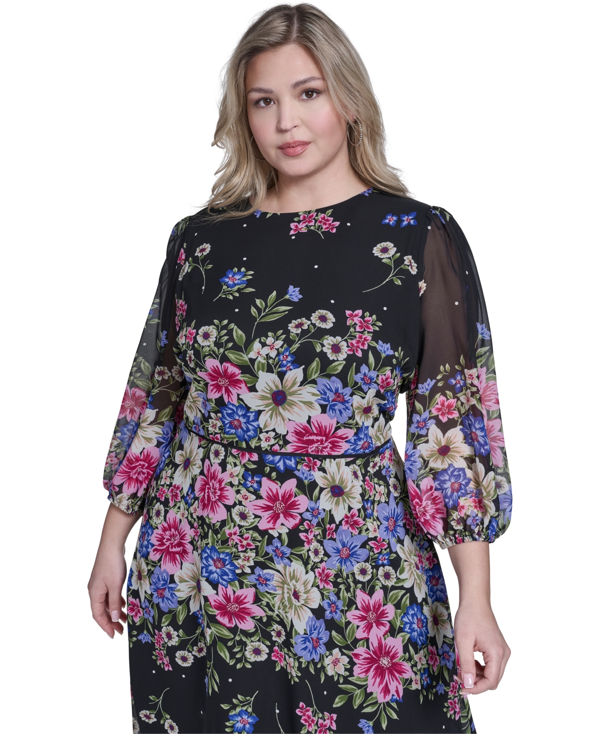 Jessica Howard Plus Jewel Neck Balloon Sleeve Midi Dress