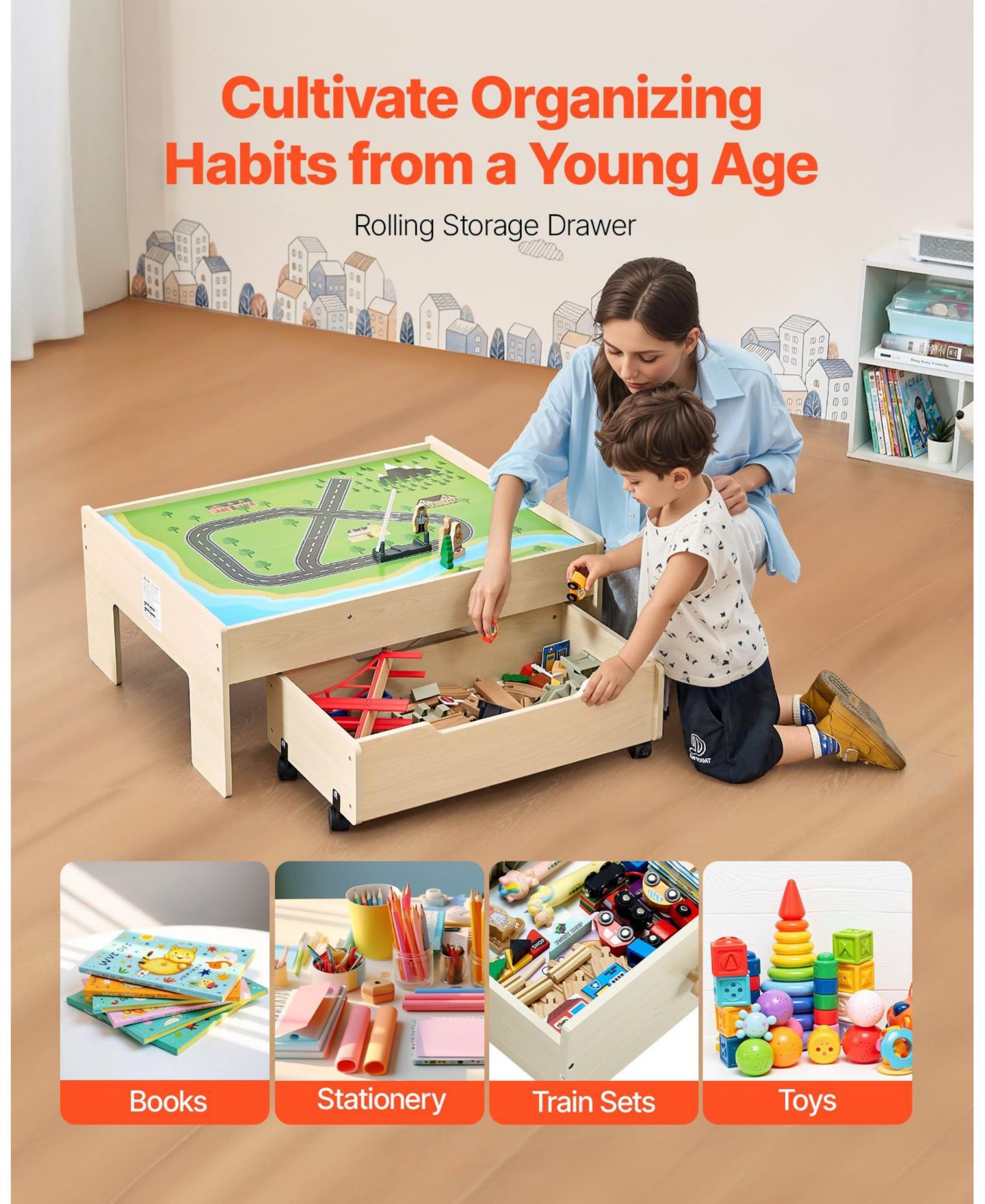 Детские игрушки Mecale 3-in-1 100-Piece Reversible Wooden Train Activity Table, цвет: Натуральный — фото 8