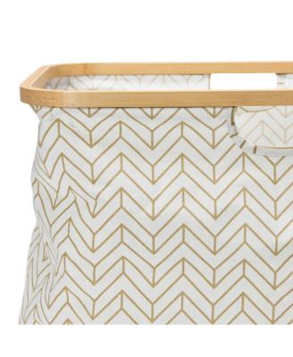 Bamboo Rimmed Krush Container Basket with Cut Out Handles, Tan Chevron