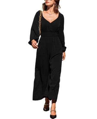 Women's V-Neck Long Sleeve Wide Leg Jumpsuit