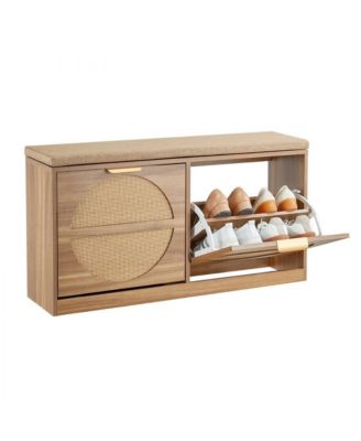 Entryway Shoe Bench with Flip Drawer and Rattan-Style Rack