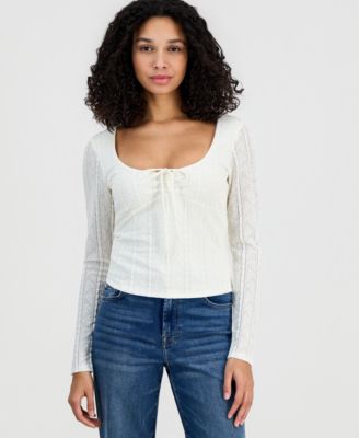 Juniors' Lace Textured Long-Sleeve Top
