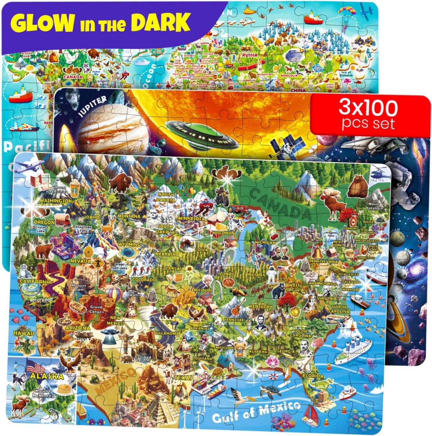 Детские игрушки Quokka USA Map, World Map & Solar System Glow-in-the-Dark 100-Piece Puzzle Set, Ages 4-8, цвет: Open Miscellaneous — фото 1