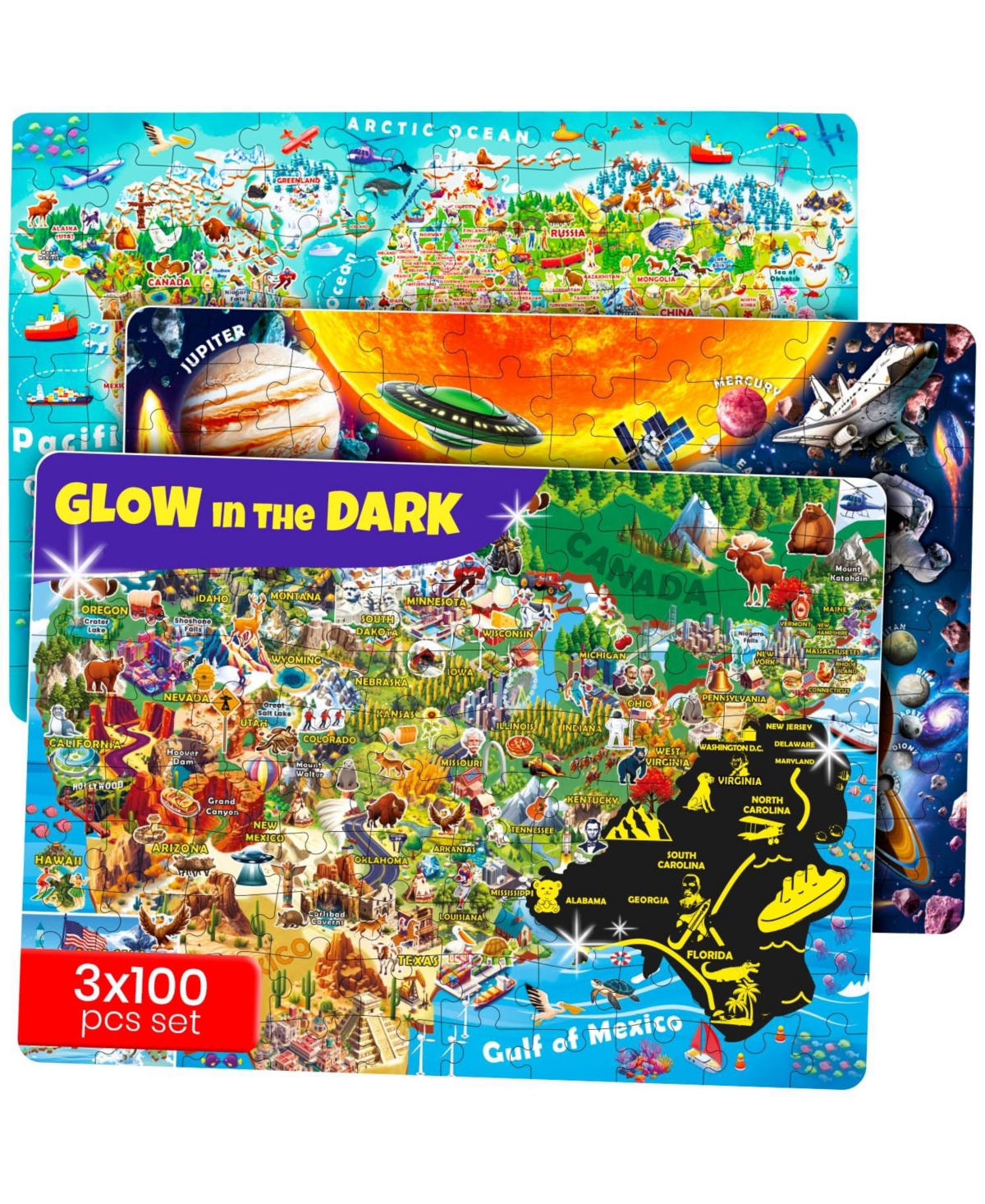 Quokka 100 Puzzles for Kids Ages 4-8 – Glow-in-The-Dark Usa Map World Map and Solar System – Geography Learning Toys