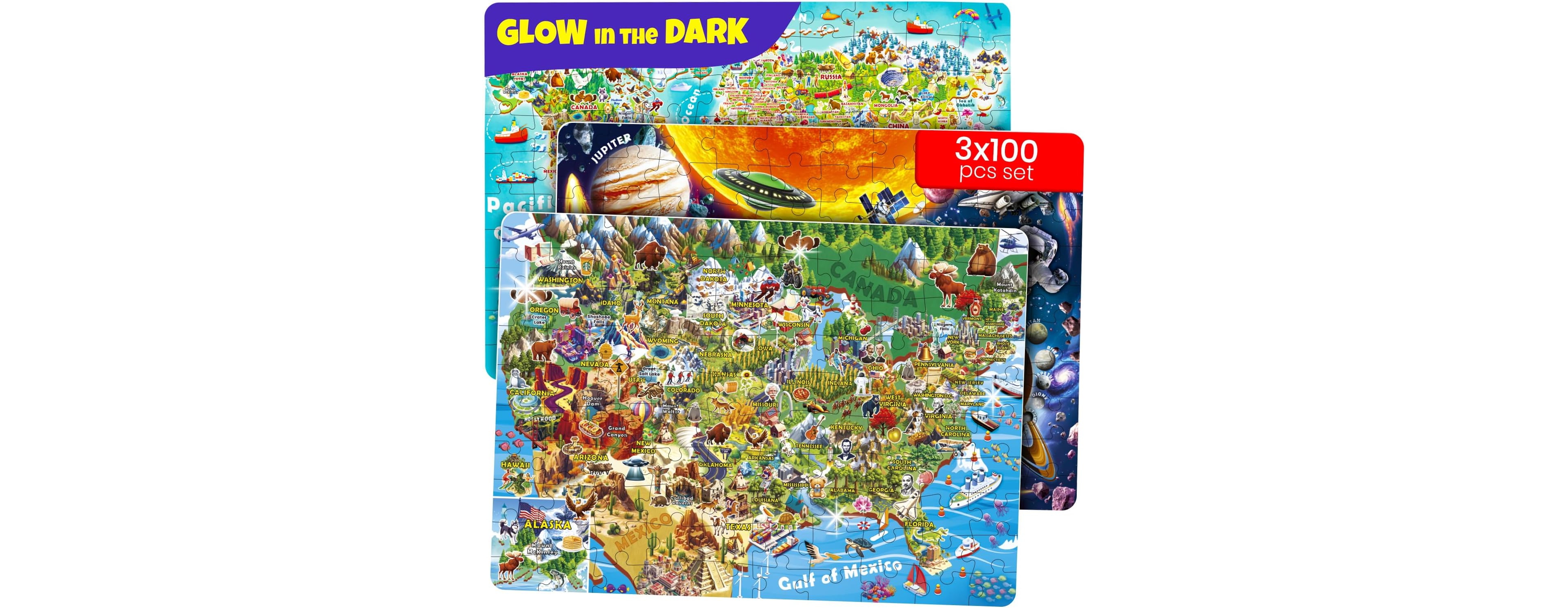 Quokka 100 Puzzles for Kids Ages 4-8 – Glow-in-The-Dark Usa Map World Map and Solar System – Geography Learning Toys