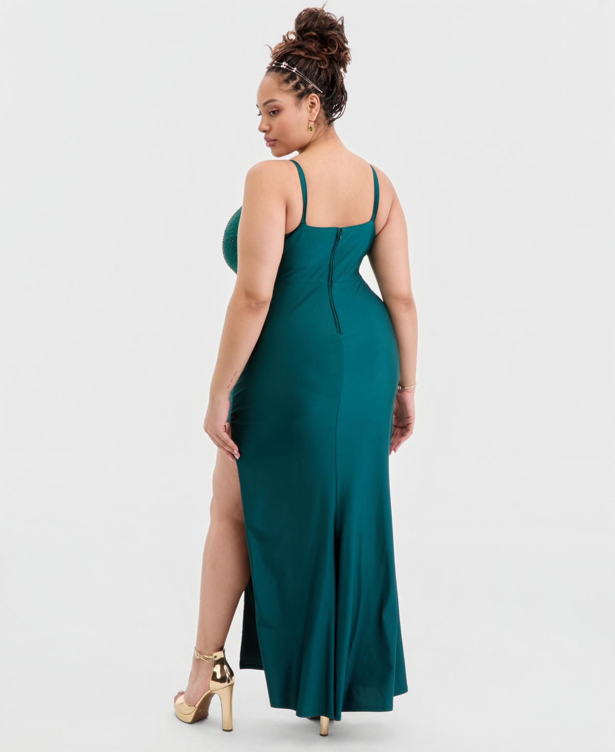 City Studios Trendy Plus Size Beaded-Top Side-Slit Gown