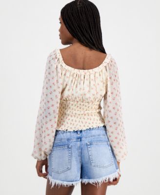 Juniors' Smocked Tie-Neck Top