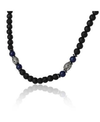 Men s Lava Rock & Lapis Beaded 22'' Necklace, Silver Tone Barrel Accents