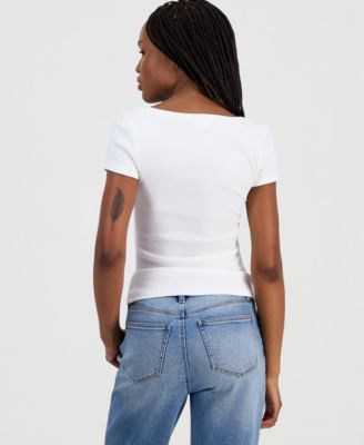 Juniors' Ribbed Lace-Yoke Top